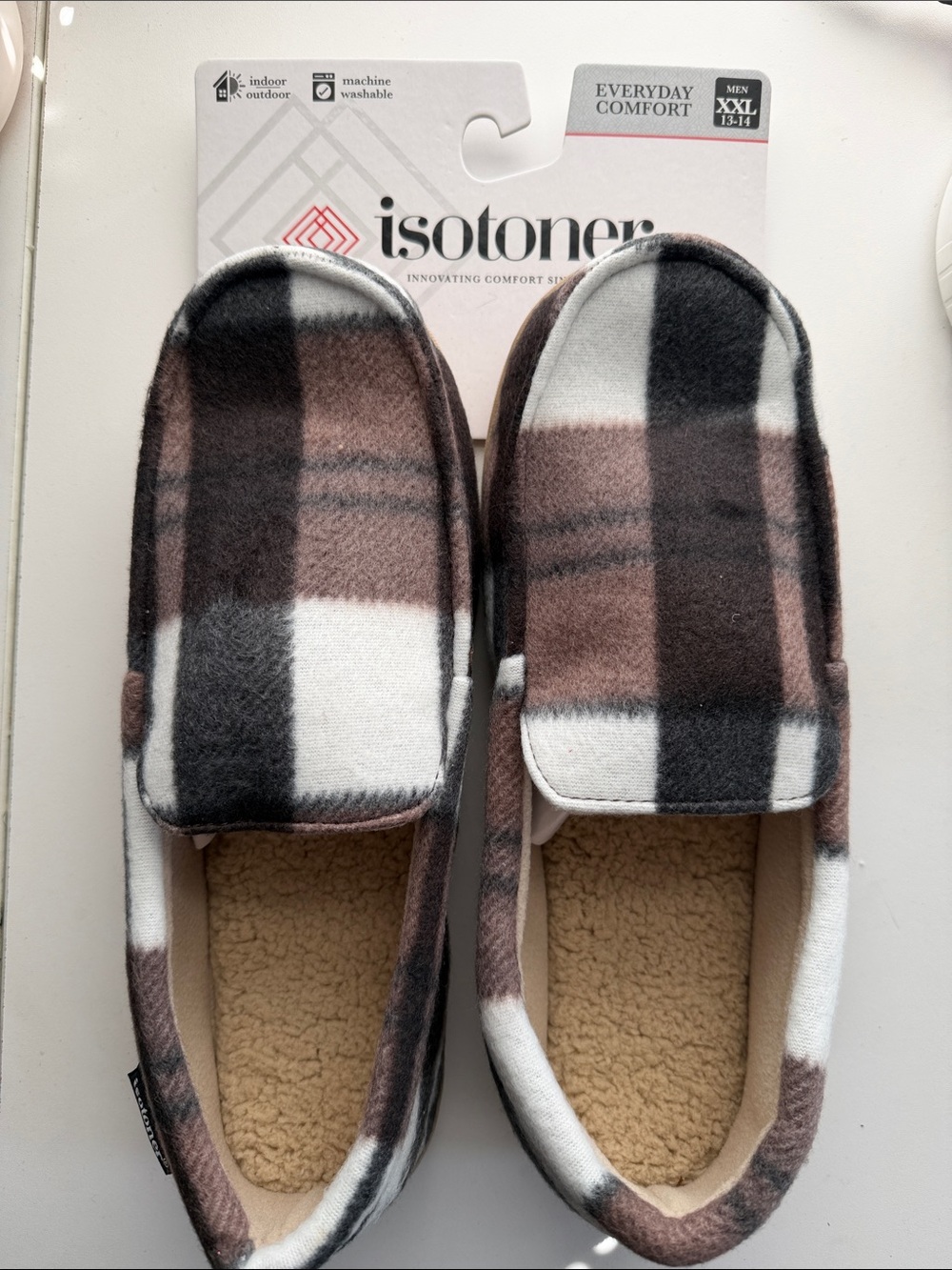 isotoner Men’s Plaid Slip-On Slippers in Brown, Black & White - Sz 13-14